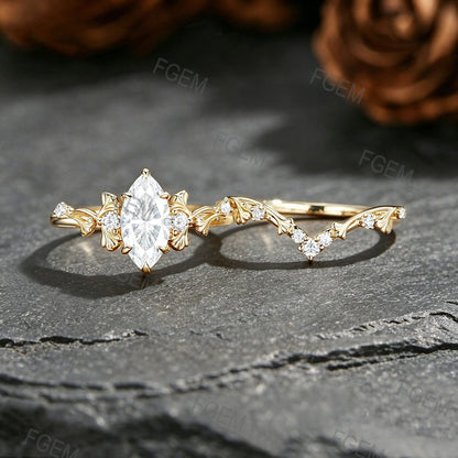 1CT Marquise Cut Moissanite Ginkgo Leaf Promise Ring Set Nature-Inspired Moissanite Engagement Ring For Women