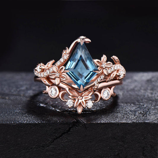 Branch Leaf Natural London Blue Topaz Ring Set Kite Blue Gemstone Wedding Ring Celtic Moissanite Engagement Ring December Birthstone Jewelry