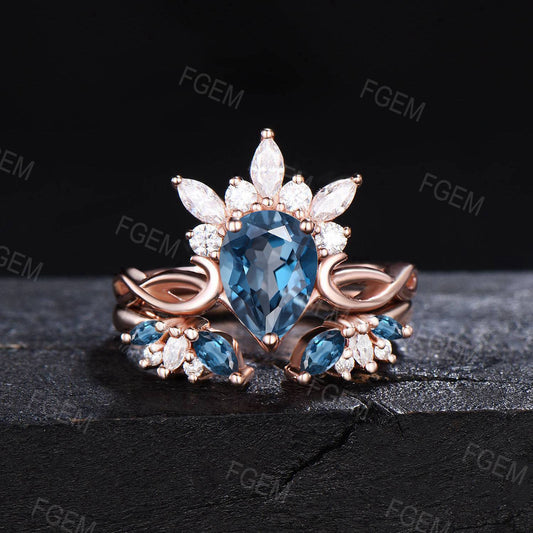 Marquise Crown Ring Pear Natural London Blue Topaz Bridal Set Vintage Blue Topaz Moissanite Cluster Engagement Ring December Birthstone Gift