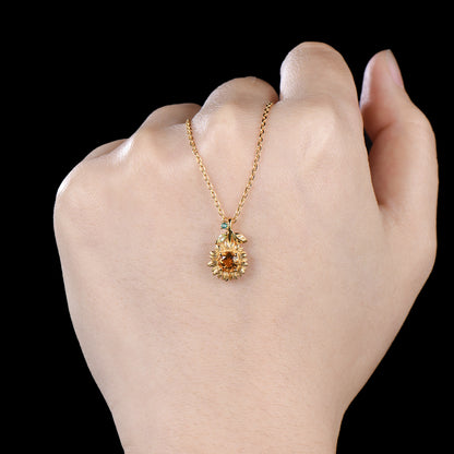 Vintage Sunflower Necklace Round Cut Citrine With Emerald Marquise Peridot Leaf Nature Inspired Floral Pendant Dainty Botanical Jewelry Gift