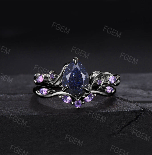 1.25ct Nature Inspired Pear Galaxy Blue Sandstone Amethyst Bridal Set Unique Twig Vine Teardrop Blue Goldstone Black Gold Wedding Ring Set