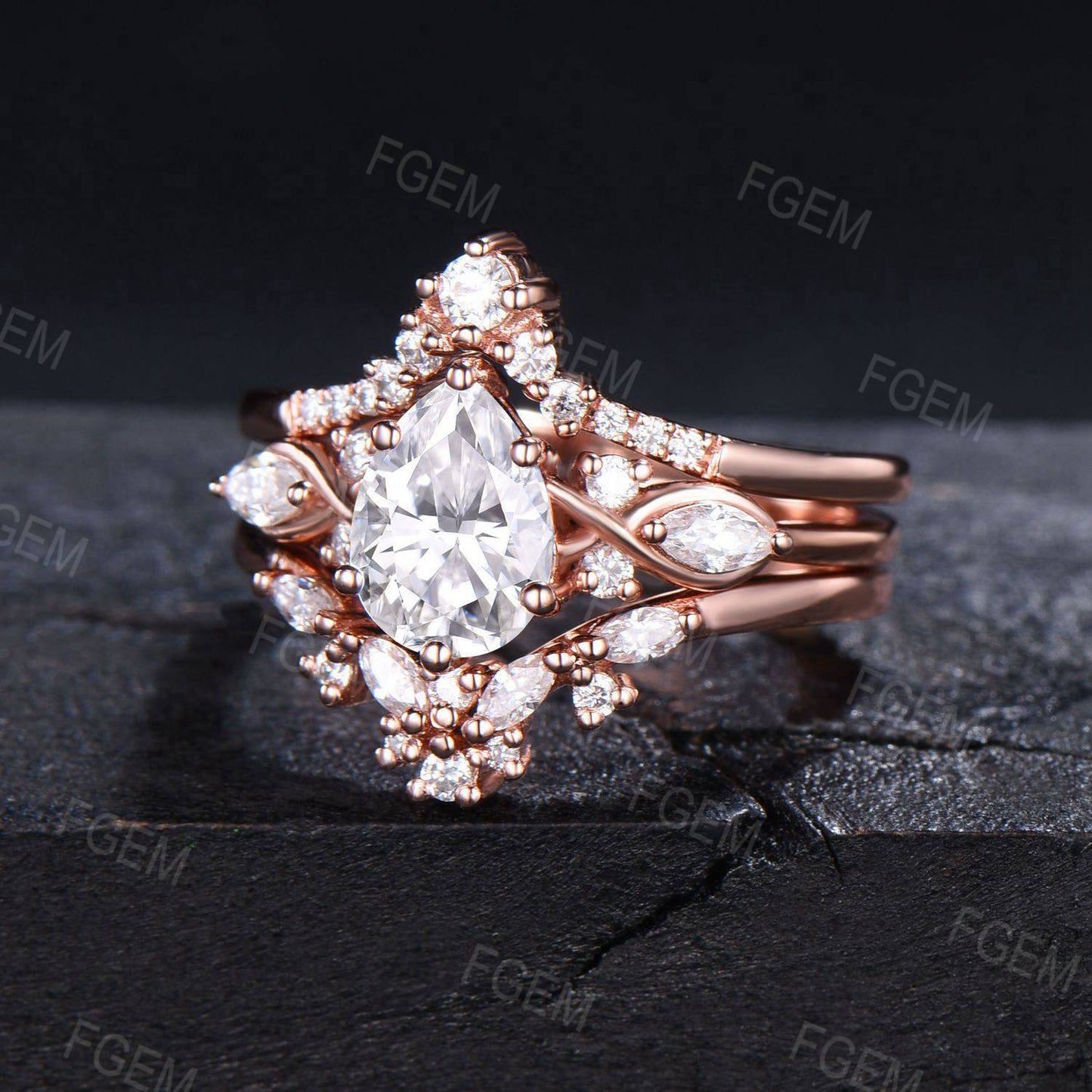 14k Rose Gold Teardrop Moissanite Engagement Ring Set Enhancer Guard Ring Double Curved Moissanite Wedding Ring