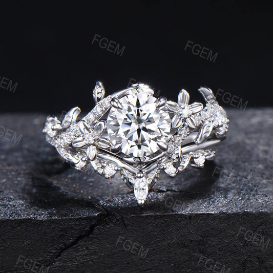 Floral Round Moissanite Ring Set Nature Inspired Leaf Band Moissanite Ring Branch Vine Bridal Set Unique Marquise Moissanite Ring Women Gift