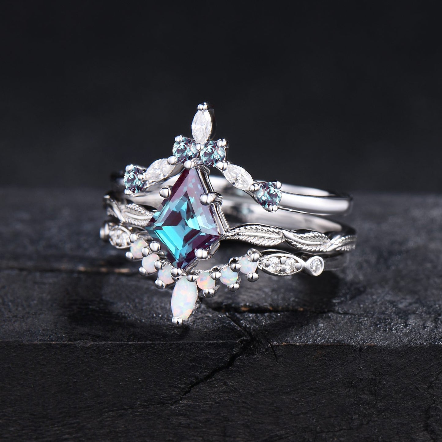 3PCS Kite Cut Alexandrite Engagement Ring Set Leaf Band Vintage 10K White Gold Moissanite Opal Wedding Band Unique Anniversary Promise Gifts