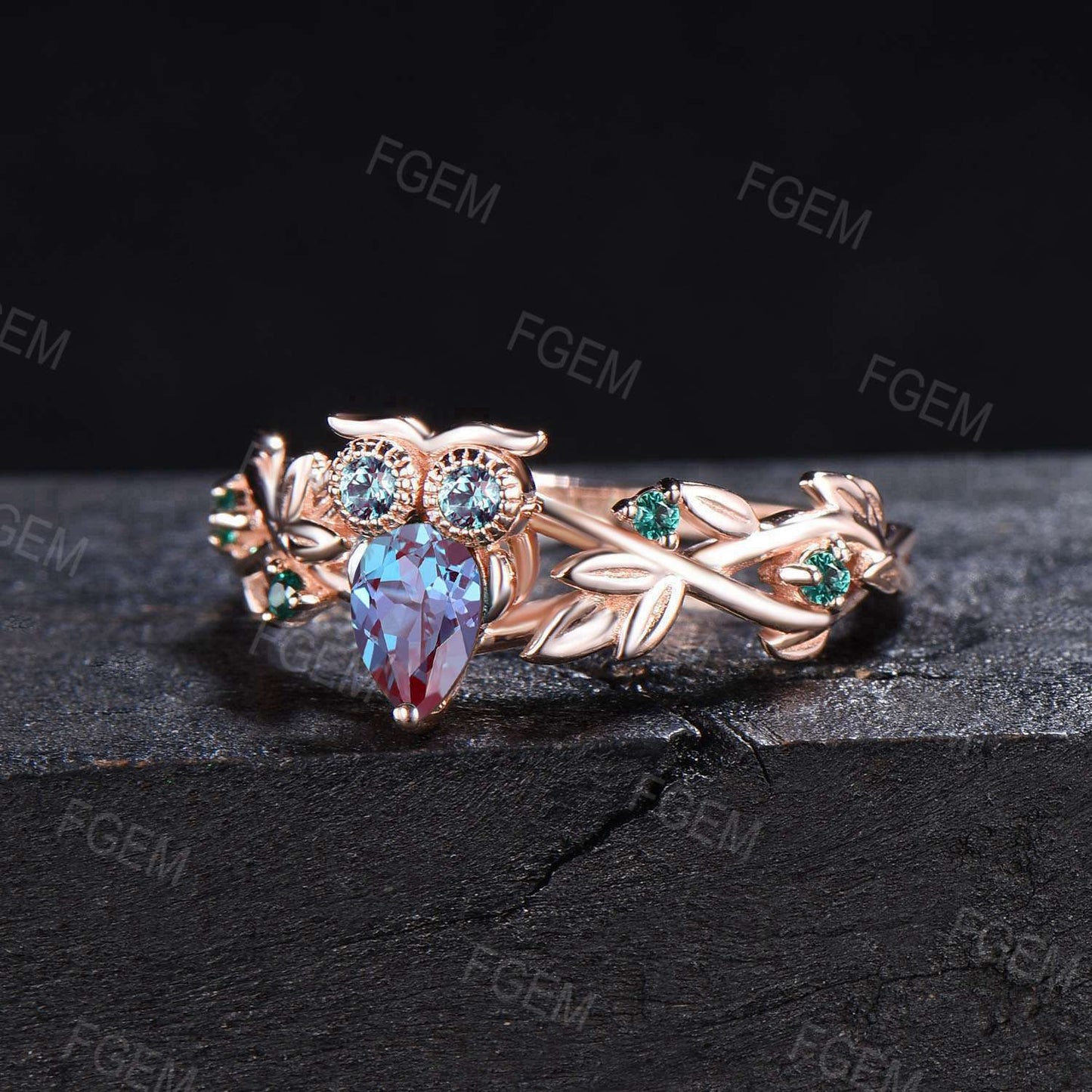 Rose Gold Owl Design Alexandrite Engagement Ring Nature Inspired Pear Cut Alexandrite Ring Leaf Branch Amethyst Wedding Ring Proposal Gift