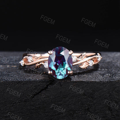 1.5ct Oval Color-Change Alexandrite Ring Set Nature Inspired Entangled Vines Moissanite Ring Twig Leaf Alexandrite Botanical Ring Women Gift