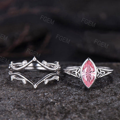 Celtic Knot Marquise Fireworks Cut Padparadscha Pink Sapphire Bezel Engagement Ring Set Split Shank, 3pcs Crown Infinity Wedding Ring Set