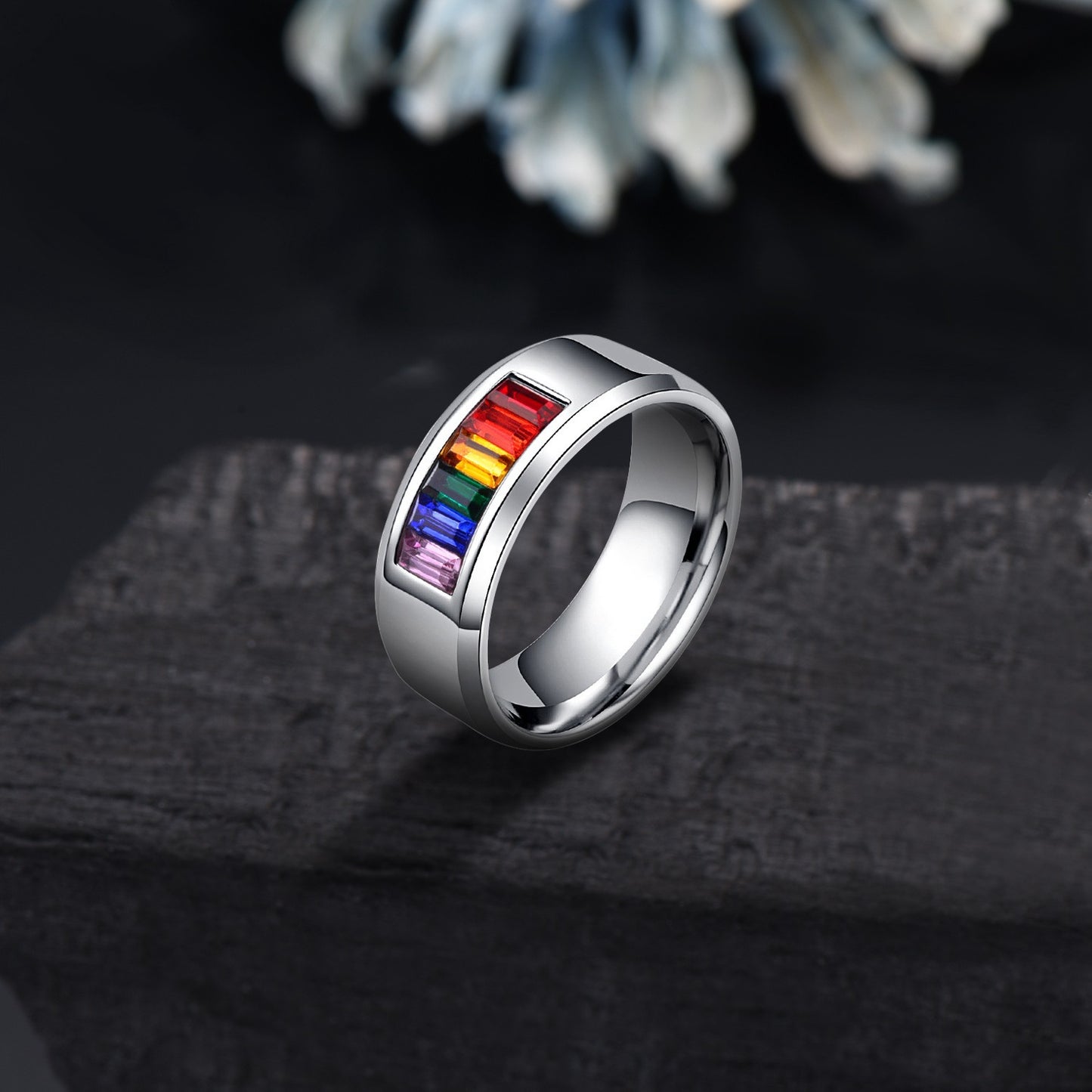 14K White Gold Genuine Multi-Gemstone Rainbow Anniversary Promise Band LGBT Engagement Ring Best Friend Gift Colors Of My Pride Gay Pride Ring