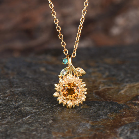 Vintage Sunflower Necklace Round Cut Citrine With Emerald Marquise Peridot Leaf Nature Inspired Floral Pendant Dainty Botanical Jewelry Gift