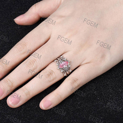 Celtic Knot Marquise Fireworks Cut Padparadscha Pink Sapphire Bezel Engagement Ring Set Split Shank, 3pcs Crown Infinity Wedding Ring Set