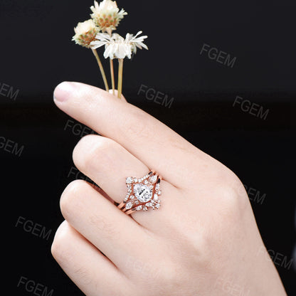 14k Rose Gold Teardrop Moissanite Engagement Ring Set Enhancer Guard Ring Double Curved Moissanite Wedding Ring