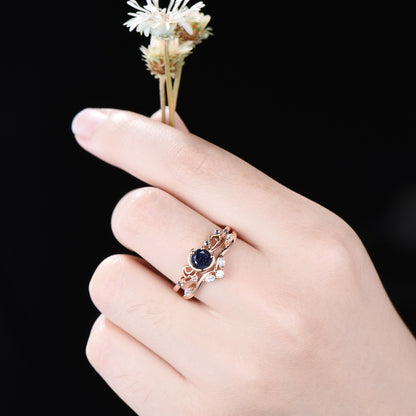 Celestial Galaxy Blue Sandstone Engagement Ring Sailor Moon Star Round Blue Goldstone Moonstone Bridal Set Unique Bowknot Ring Promise Women Gifts