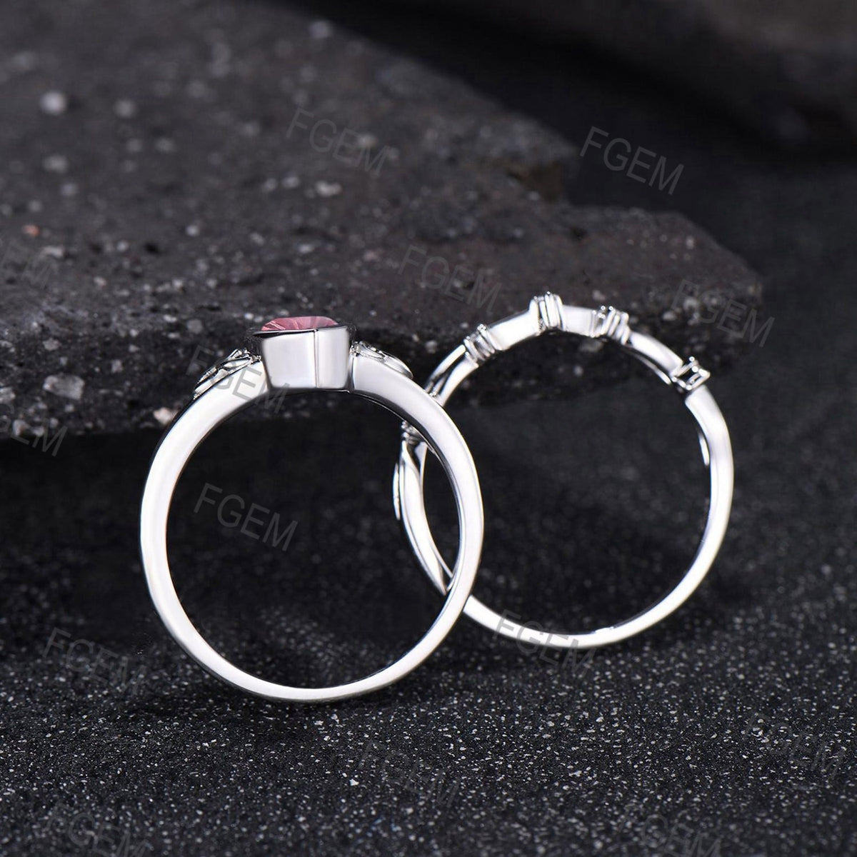 Celtic Knot Marquise Fireworks Cut Padparadscha Pink Sapphire Bezel Engagement Ring Set Split Shank, 3pcs Crown Infinity Wedding Ring Set