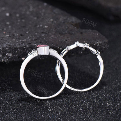 Celtic Knot Marquise Fireworks Cut Padparadscha Pink Sapphire Bezel Engagement Ring Set Split Shank, 3pcs Crown Infinity Wedding Ring Set