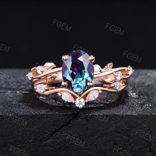 Vintage 1.5ct Oval Color-Change Alexandrite Engagement Ring Set Nature Leaf Band Moissanite Bridal Set June Birthstone Botanical Ring Gift