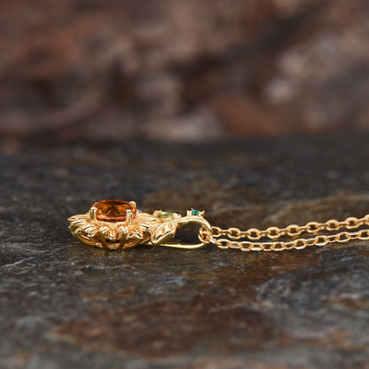 Vintage Sunflower Necklace Round Cut Citrine With Emerald Marquise Peridot Leaf Nature Inspired Floral Pendant Dainty Botanical Jewelry Gift