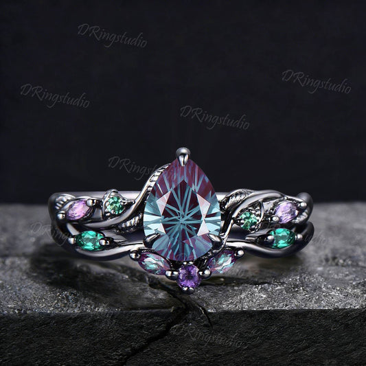 1.25CT Fireworks Cut Color-Change Alexandrite Black Gold Wedding Ring Set Pear Cut Engagement Rings Twig Vine Emerald Amethyst Bridal Set