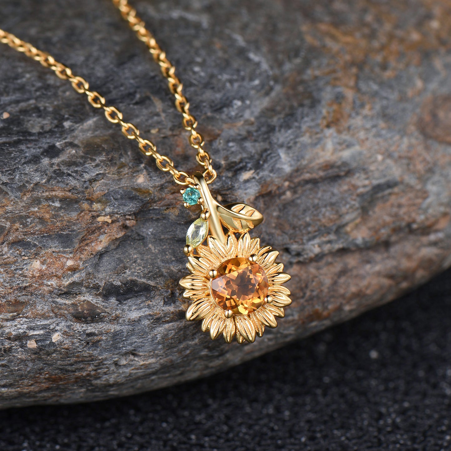 Vintage Sunflower Necklace Round Cut Citrine With Emerald Marquise Peridot Leaf Nature Inspired Floral Pendant Dainty Botanical Jewelry Gift