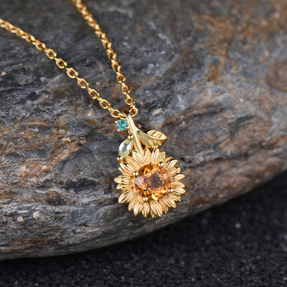 Vintage Sunflower Necklace Round Cut Citrine With Emerald Marquise Peridot Leaf Nature Inspired Floral Pendant Dainty Botanical Jewelry Gift