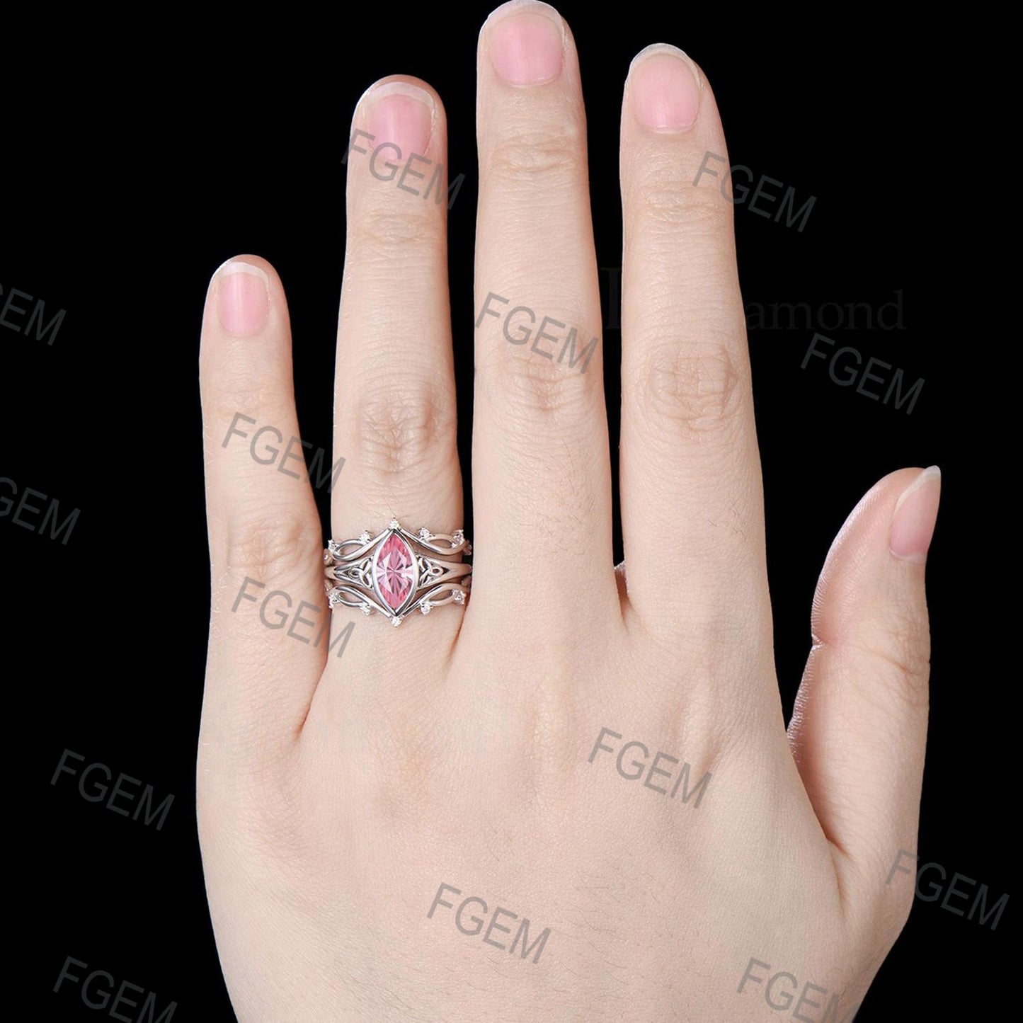 Celtic Knot Marquise Fireworks Cut Padparadscha Pink Sapphire Bezel Engagement Ring Set Split Shank, 3pcs Crown Infinity Wedding Ring Set