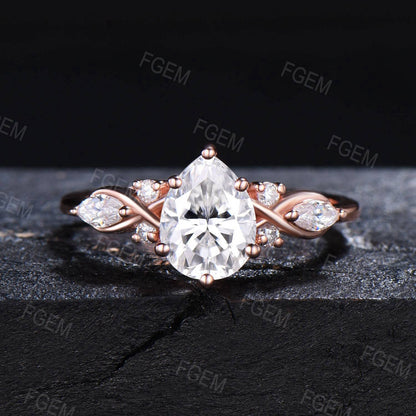 14k Rose Gold Teardrop Moissanite Engagement Ring Set Enhancer Guard Ring Double Curved Moissanite Wedding Ring