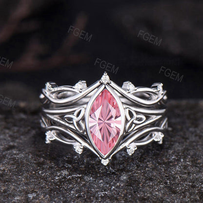 Celtic Knot Marquise Fireworks Cut Padparadscha Pink Sapphire Bezel Engagement Ring Set Split Shank, 3pcs Crown Infinity Wedding Ring Set