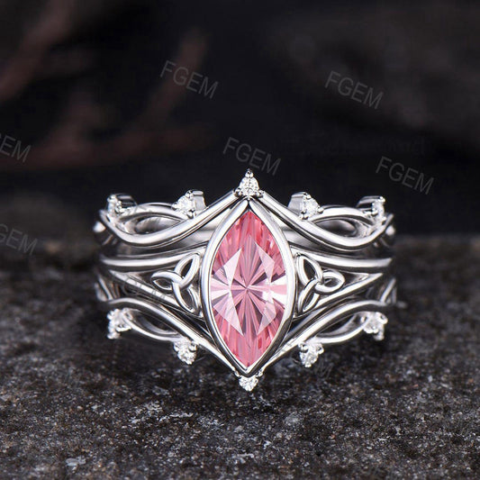 Celtic Knot Marquise Fireworks Cut Padparadscha Pink Sapphire Bezel Engagement Ring Set Split Shank, 3pcs Crown Infinity Wedding Ring Set