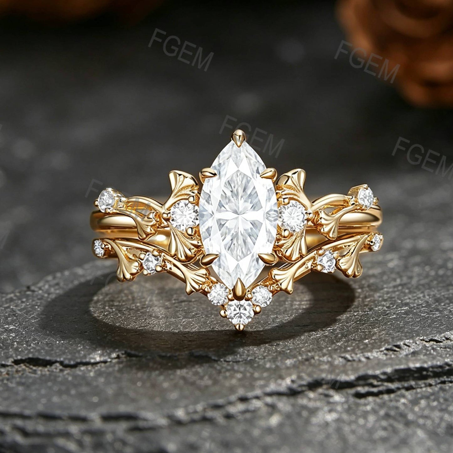 1CT Marquise Cut Moissanite Ginkgo Leaf Promise Ring Set Nature-Inspired Moissanite Engagement Ring For Women