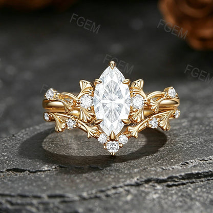 1CT Marquise Cut Moissanite Ginkgo Leaf Promise Ring Set Nature-Inspired Moissanite Engagement Ring For Women