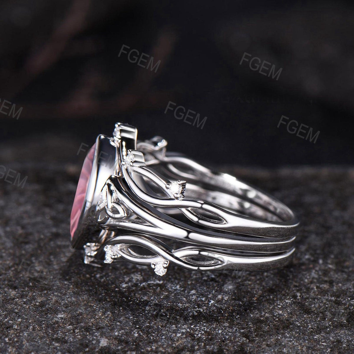 Celtic Knot Marquise Fireworks Cut Padparadscha Pink Sapphire Bezel Engagement Ring Set Split Shank, 3pcs Crown Infinity Wedding Ring Set