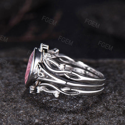 Celtic Knot Marquise Fireworks Cut Padparadscha Pink Sapphire Bezel Engagement Ring Set Split Shank, 3pcs Crown Infinity Wedding Ring Set