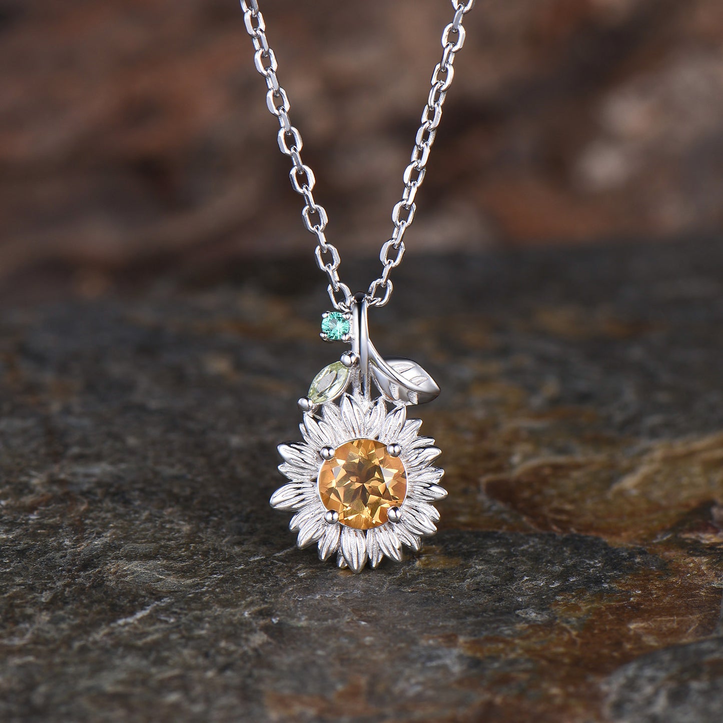 Vintage Sunflower Necklace Round Cut Citrine With Emerald Marquise Peridot Leaf Nature Inspired Floral Pendant Dainty Botanical Jewelry Gift