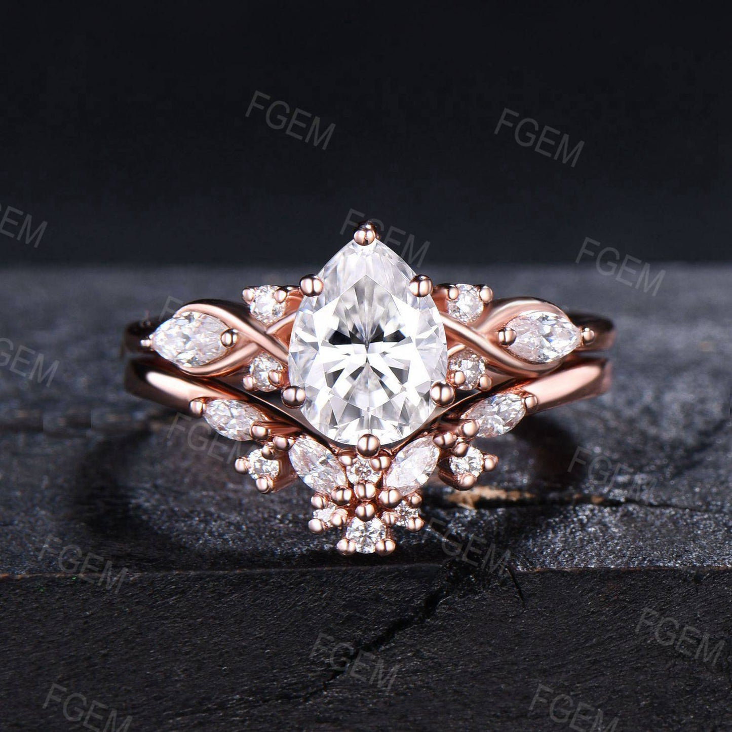 14k Rose Gold Teardrop Moissanite Engagement Ring Set Enhancer Guard Ring Double Curved Moissanite Wedding Ring