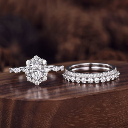 Vintage Moissanite engagement ring set unique white gold engagement ring women 2mm round cut wedding band Bridal Promise ring Platinum ring