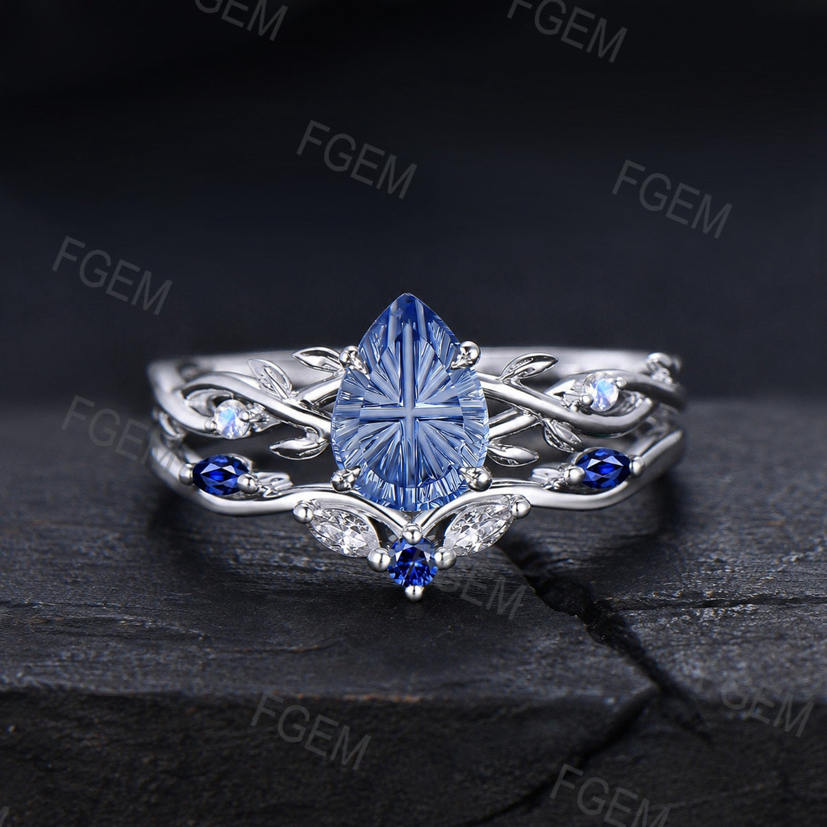 1.25CT Pear Cut Cornflower Blue Sapphire Engagement Ring Set White Gold Twig Vine Moonstone Sapphire Wedding Ring Fantasy Cut Bridal Ring