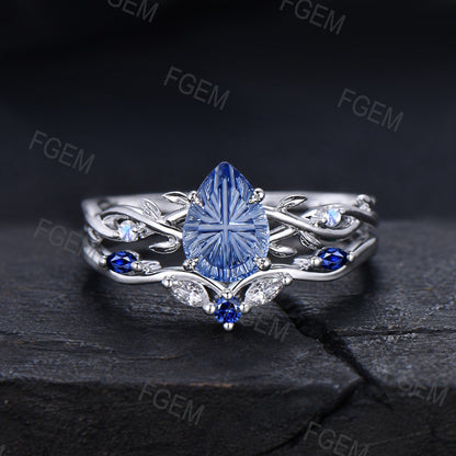 1.25CT Pear Cut Cornflower Blue Sapphire Engagement Ring Set White Gold Twig Vine Moonstone Sapphire Wedding Ring Fantasy Cut Bridal Ring