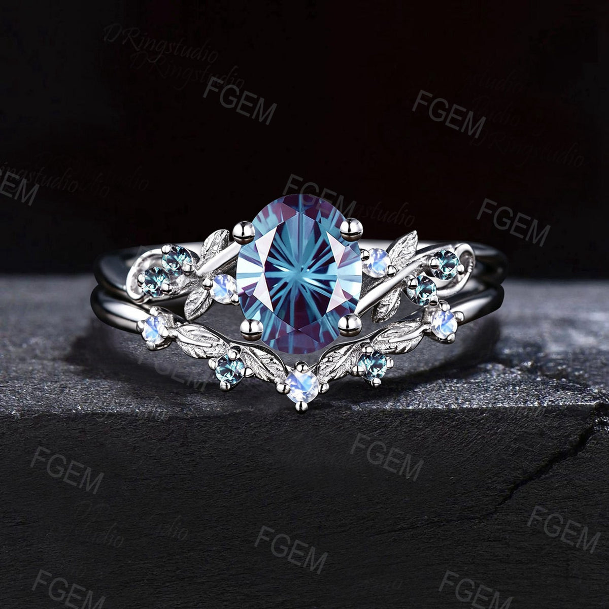 Fireworks Cut Alexandrite Oval Engagement Ring Set Vine Leaf White Gold Nature Inspired Moonstone Bridal Wedding Ring Set June Birthstone