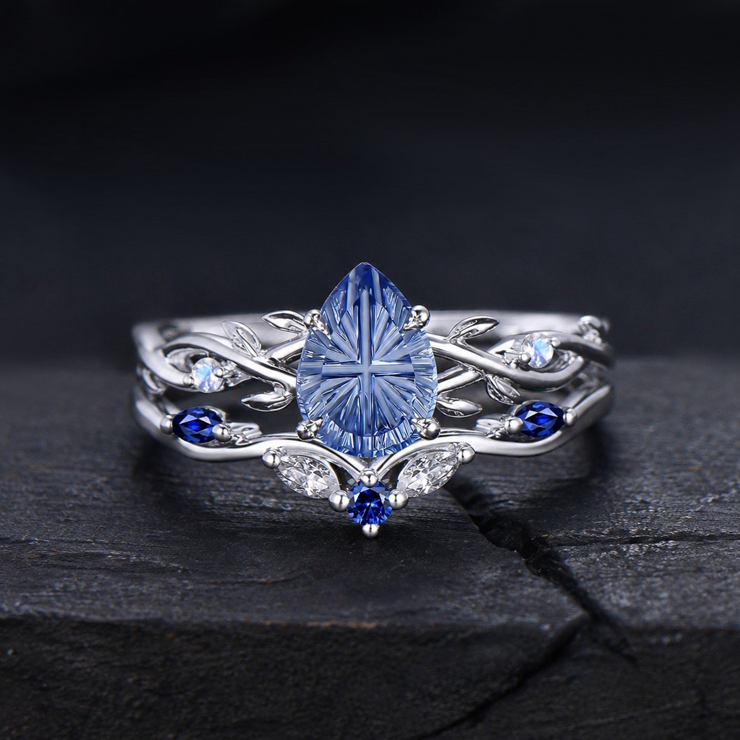 1.25CT Pear Cut Cornflower Blue Sapphire Engagement Ring Set White Gold Twig Vine Moonstone Sapphire Wedding Ring Fantasy Cut Bridal Ring