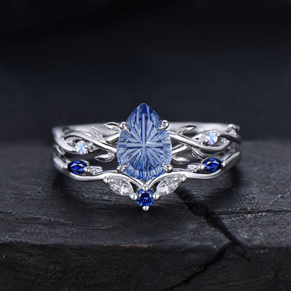 1.25CT Pear Cut Cornflower Blue Sapphire Engagement Ring Set White Gold Twig Vine Moonstone Sapphire Wedding Ring Fantasy Cut Bridal Ring
