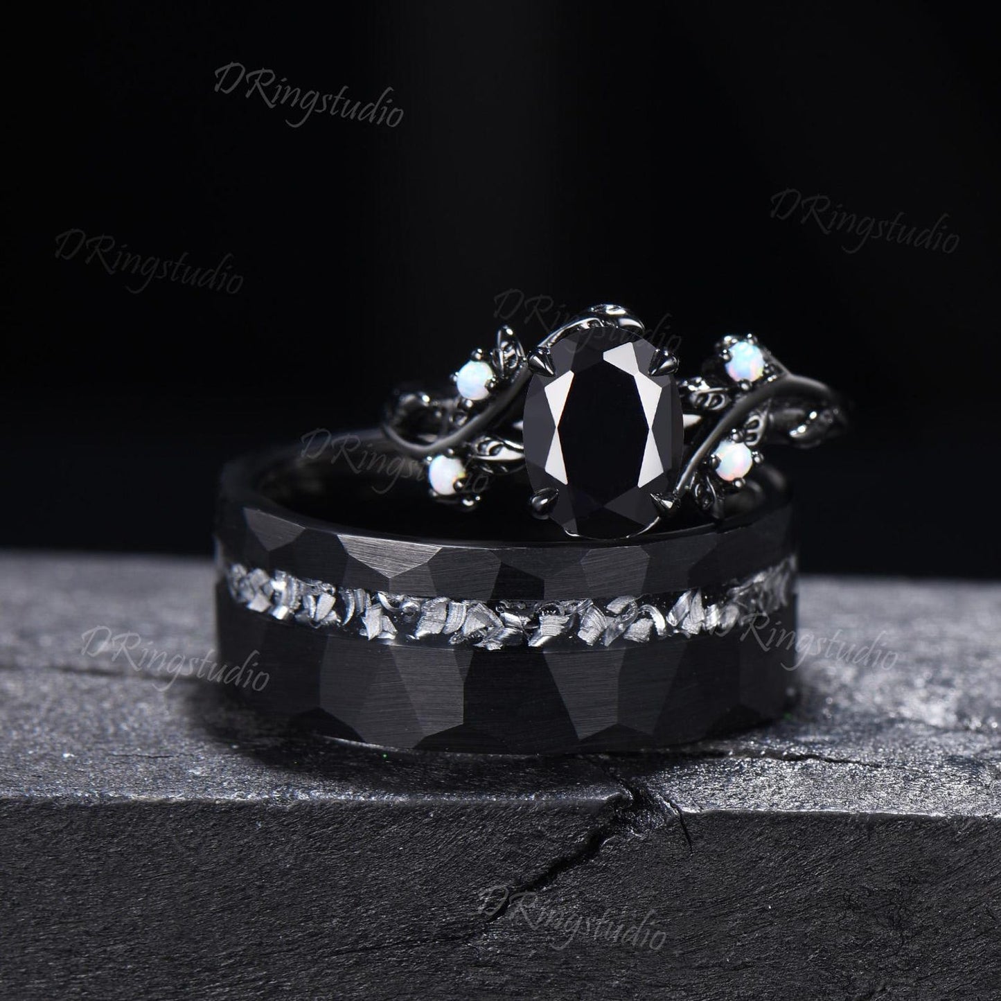 Gothic Natural Black Onyx Couples Promise Ring Set Black Gold Twig Leaf Witchy Engagement Ring Set Black Tungsten His and Hers Wedding Band