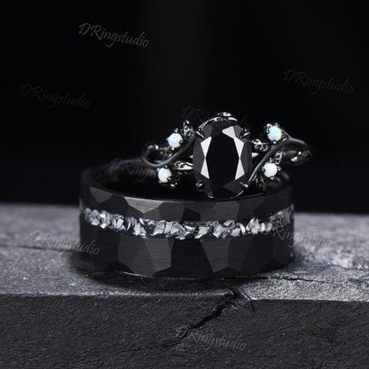 Gothic Natural Black Onyx Couples Promise Ring Set Black Gold Twig Leaf Witchy Engagement Ring Set Black Tungsten His and Hers Wedding Band