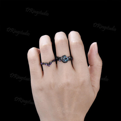 Heart Color Change Alexandrite Engagement Ring Set Moon Star Celestial Black Twig Branch Amethyst Wedding Ring June Birthstone Proposal Gift