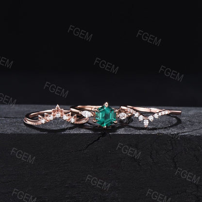 3PCS Hexagon Cut Green Emerald Engagement Ring Set May Birthstone Wedding Ring 10k Rose Gold Emerald Ring Birthday/Anniversary Gift Women