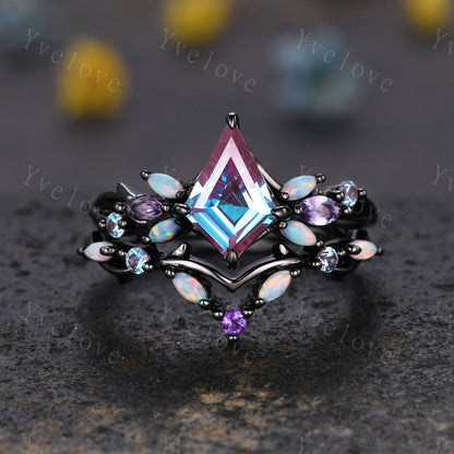Black Gold Alexandrite Engagement Ring Set with Opal & Amethyst Vines