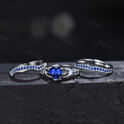 Heart Shaped Blue Sapphire Crown Claddagh Engagement Ring Celtic Irish Wedding Ring Sterling Silver Anniversary Gift Heart Bridal Ring Women