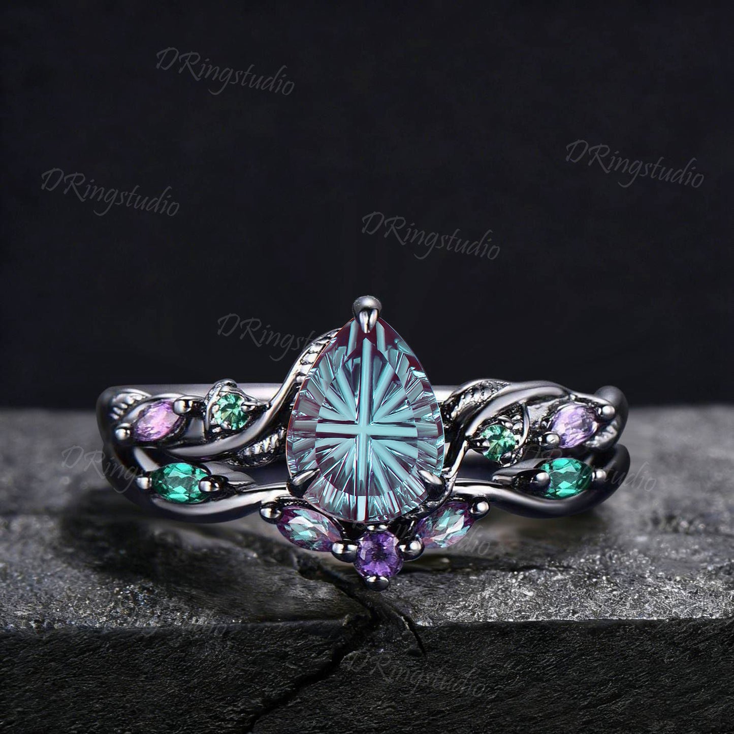 1.25CT Fantasy Cut Color-Change Alexandrite Black Gold Wedding Ring Set Teardrop Engagement Rings Twig Vine Emerald Amethyst Bridal Set