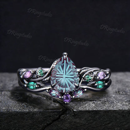 1.25CT Fantasy Cut Color-Change Alexandrite Black Gold Wedding Ring Set Teardrop Engagement Rings Twig Vine Emerald Amethyst Bridal Set