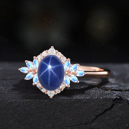 1.5ct Oval Cut Star Sapphire Moonstone Engagement Ring 14K Rose Gold Halo Diamond Wedding Ring Unique June Birthstone Anniversary Gift Women