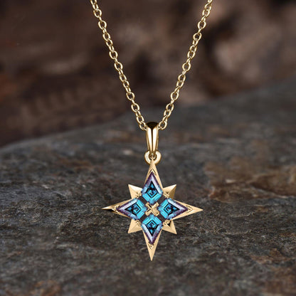 Unique Kite Cut June Birthstone Alexandrite Necklace Dainty North Star Pendant Delicate Four Stone Celestial Necklace,Polaris Necklac