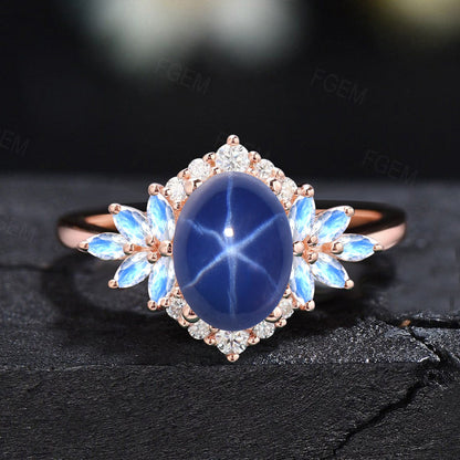 1.5ct Oval Cut Star Sapphire Moonstone Engagement Ring 14K Rose Gold Halo Diamond Wedding Ring Unique June Birthstone Anniversary Gift Women
